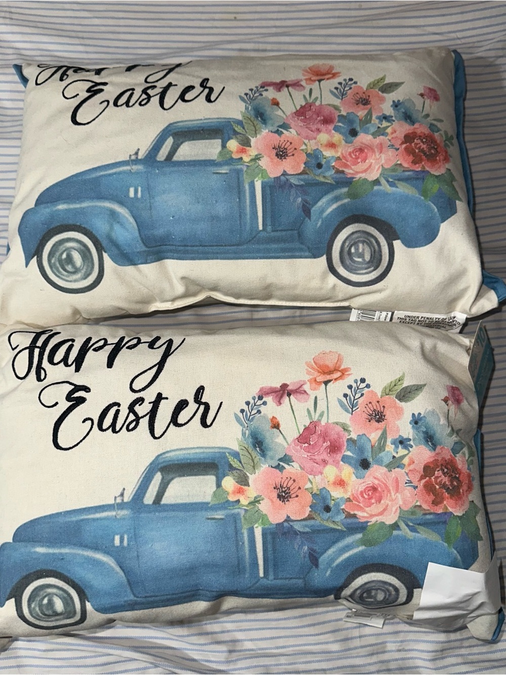 Happy Easter Blue Floral Truck Decorative Pillow Cover - Set of 2
